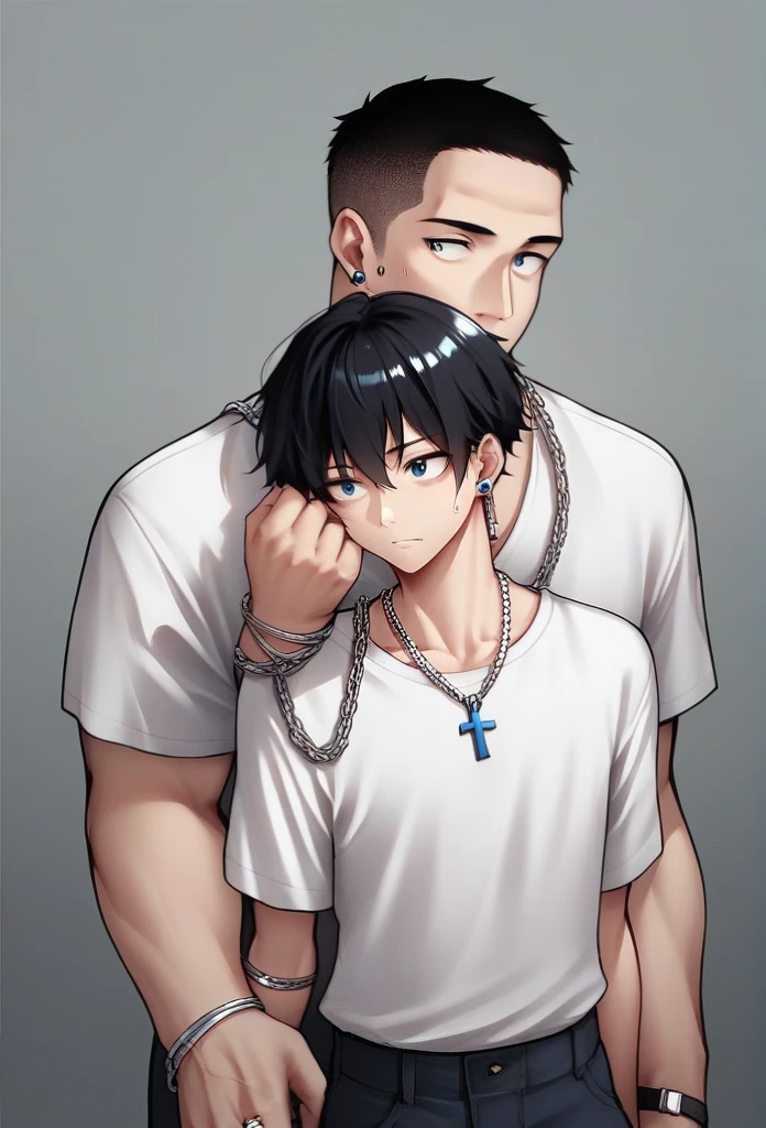 A hairstyle with the sides shaved and the top left、Wearing silver ring ear cuffs、Around her neck she wears a simple, thin silver chain necklace.、A 31-year-old Japanese man wearing a blue rosary bracelet on his arm。 Height: 170cm、Weight 85kg Black hair。