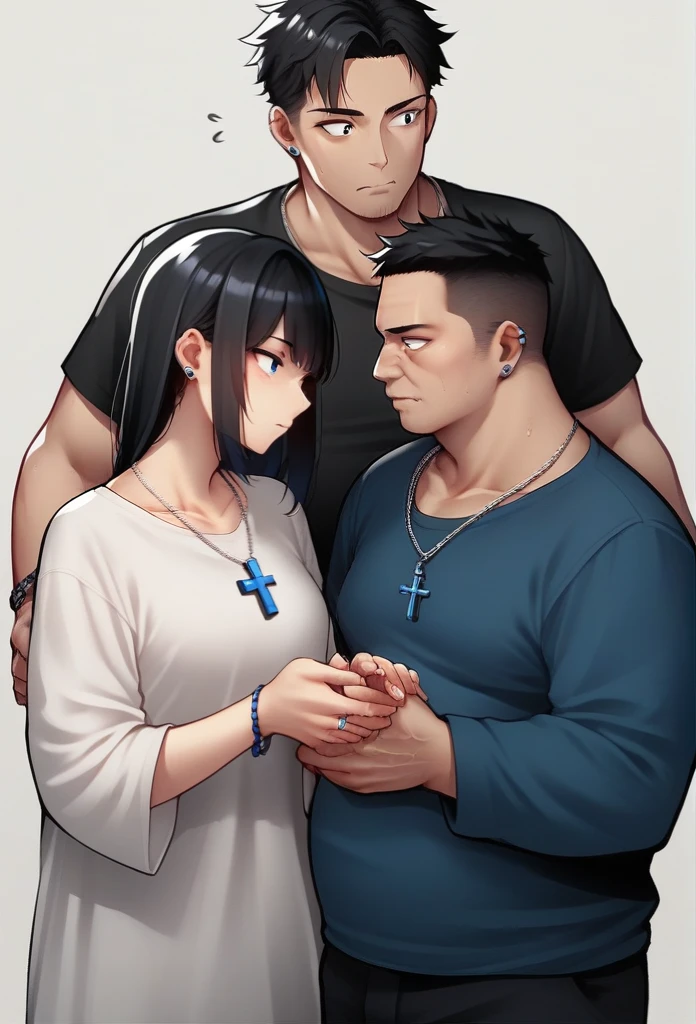A hairstyle with the sides shaved and the top left、Wearing silver ring ear cuffs、Around her neck she wears a simple, thin silver chain necklace.、A 31-year-old Japanese man wearing a blue rosary bracelet on his arm。 Height: 170cm、Weight 85kg Black hair。