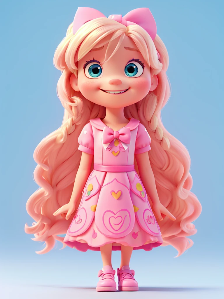 Fun mind character, disney pixar style, 3d, very tiny, with long blond hair , pink dress your outfit, put on your pink shoes, with happy face, light blue skin, pink bow , White background, 8 k quality