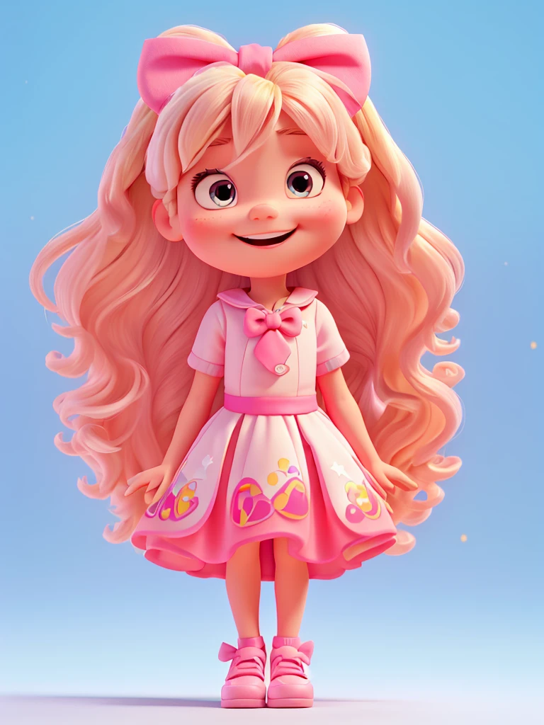 Fun mind character, disney pixar style, 3d, very tiny, with long blond hair , pink dress your outfit, put on your pink shoes, with happy face, light blue skin, pink bow , White background, 8 k quality