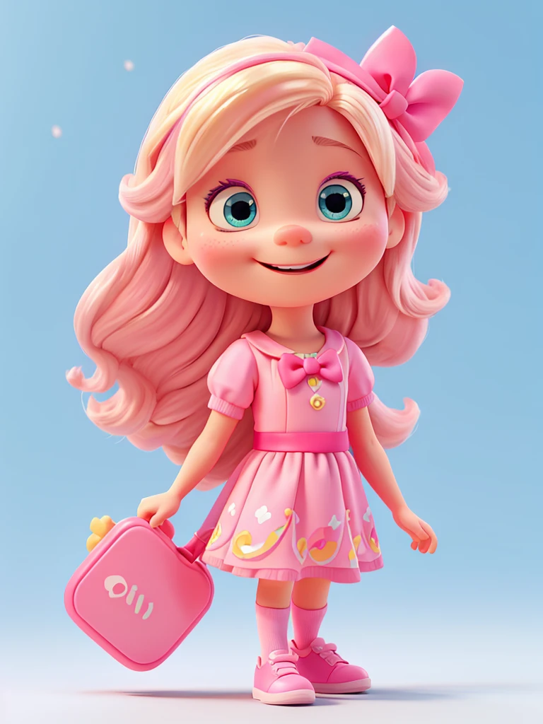 Fun mind character, disney pixar style, 3d, very tiny, with long blond hair , pink dress your outfit, put on your pink shoes, with happy face, light blue skin, pink bow , White background, 8 k quality