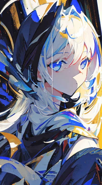 Top quality, delicate details, (emphasis on black and white), one girl, ninja, blue eyes, glassy eyes, soft lighting, high contrast, black and white shadow style, shadows with shading, Pure white background, splashes of ink, splashes of color, emphasis on light and space, expressing facial expressions and gestures with ink shading, emphasis on light and shadow, watercolor style,