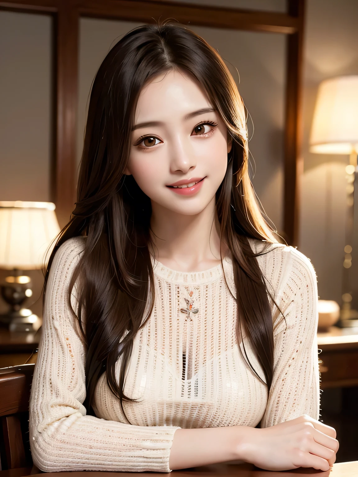 masutepiece, Best Quality, Illustration, Ultra-detailed, finely detail, hight resolution, 8K Wallpaper, Perfect dynamic composition, Beautiful detailed eyes, Mocha long sleeve knit dress,Straight hair,Small breasts natural color lip, Randomly sexy poses,Smile、20 years girl、Cute、Sexy shot looking at camera,Perfect and beautiful face