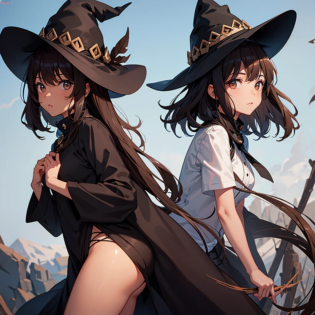 Girl with brown skin and dark brown medium hair and dark brown eyes and a black witch hat. Making a spell