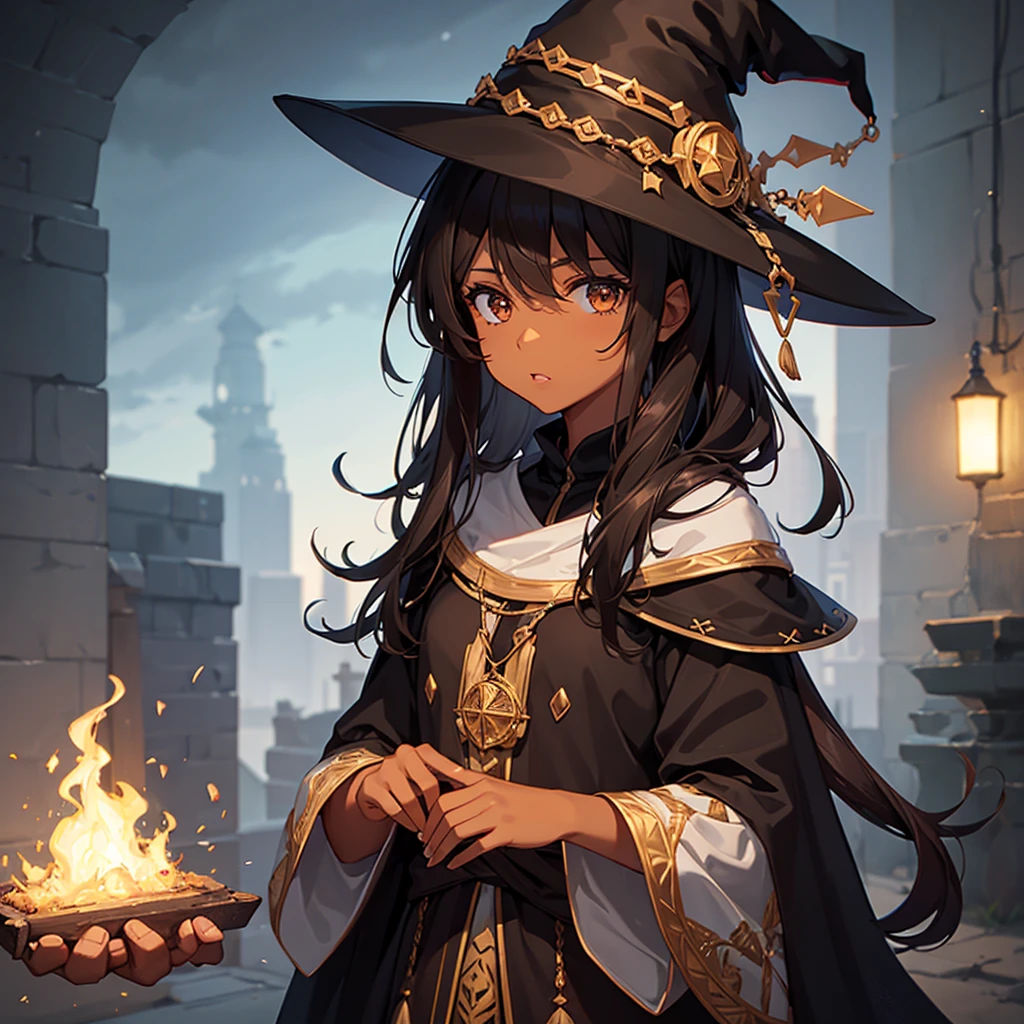 Girl with brown skin and dark brown medium hair and dark brown eyes and a black witch hat. Making a spell