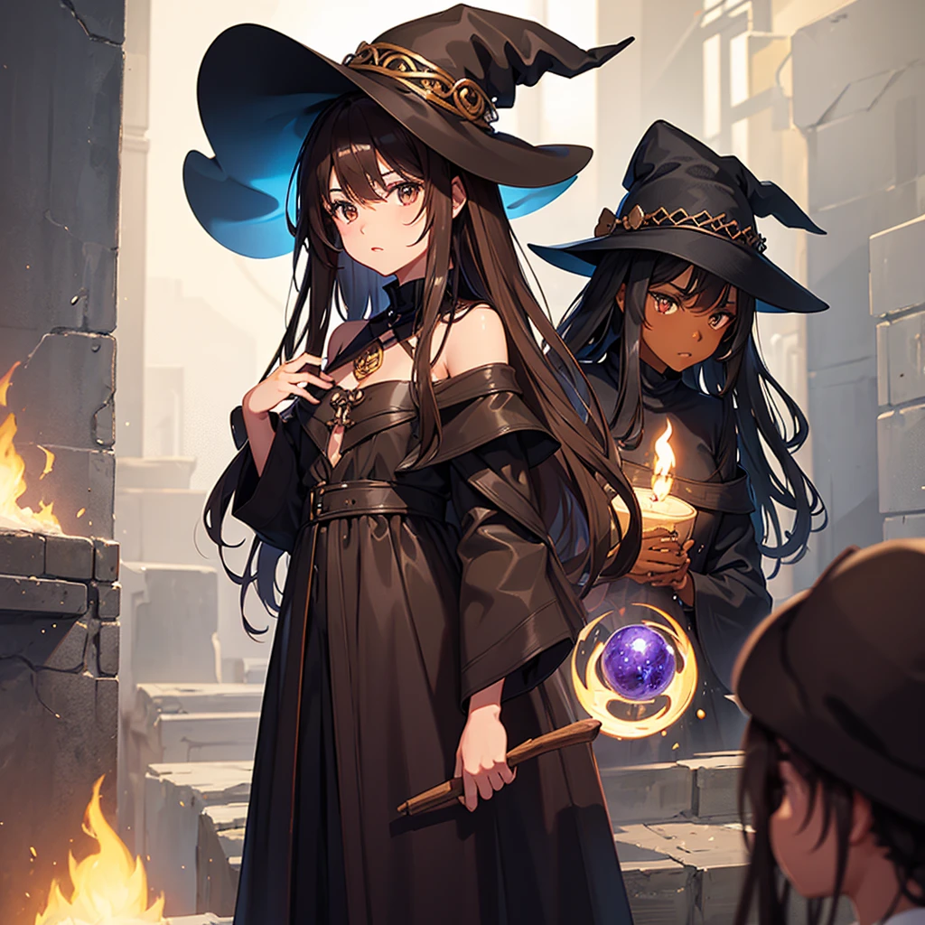 Girl with brown skin and dark brown medium hair and dark brown eyes and a black witch hat. Making a spell