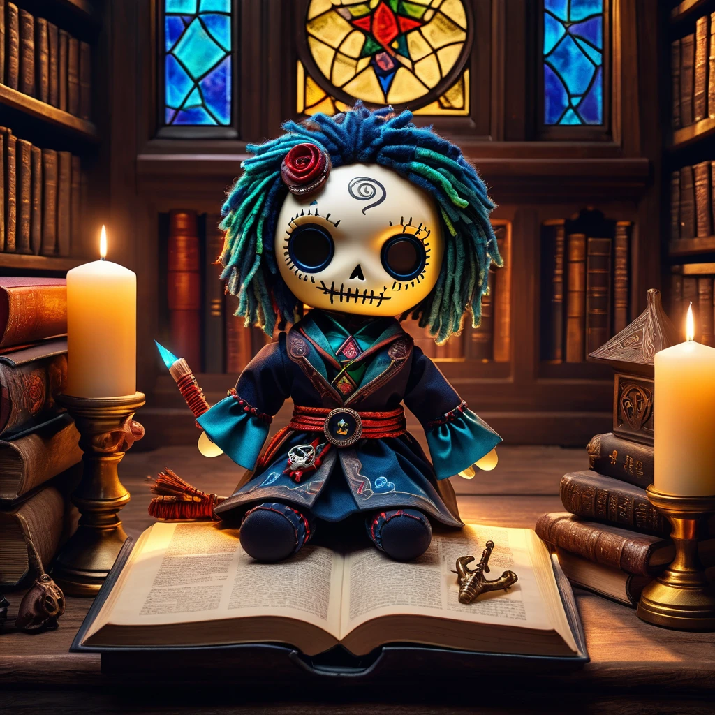 (knitted toy voodoo doll:1.7), (Voodoo Grimoire Mage:1.3), (Clothing: enchanted robes with glowing runes, spell book belt:1.0), (Accessories: floating grimoire, magic quill, spellcasting gloves:1.2), (background: ancient library with floating books and glowing symbols, mystical light filtering through stained glass windows:1.2),  best quality, masterpiece, detailed soft oil painting, detailed background, dramatic cinematic lighting, soft edge lighting, professional, dramatic lighting, hard edge lighting, ultra quality, 4k,masterpiece, best quality, 8k, ultra highres, highres, extremely detailed