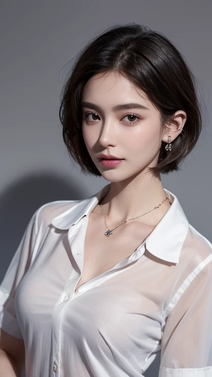 masterpiece,Highest quality,One girl,Very detailed,Improves skin quality,Ultra-high resolution,Very delicate,super high quality,Detailed face,Beautiful Eyes,(short hair:1.3),Beautiful Nose,(Thin collared shirt:1.5),Exposed cleavage,(looking at the camera),((Dark Office Background)),Detailed lighting,Shining Model,Emphasize the chest,Shiny skin,Beautiful shadows,smile,Earrings,necklace,Show off your breasts