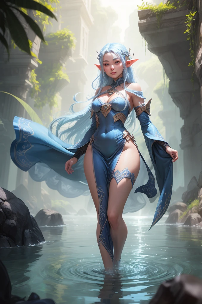 a woman with long hair and a blue dress is standing in the water, blue elf, fantasy art style, elf girl, glowing blue, elf with blue skin, digital 2d fantasy art, fanart best artstation, wlop rossdraws, rossdraws volumetric lighting, rossdraws digital painting, rossdraws 1. 0, :: rossdraws, blue-skinned elf