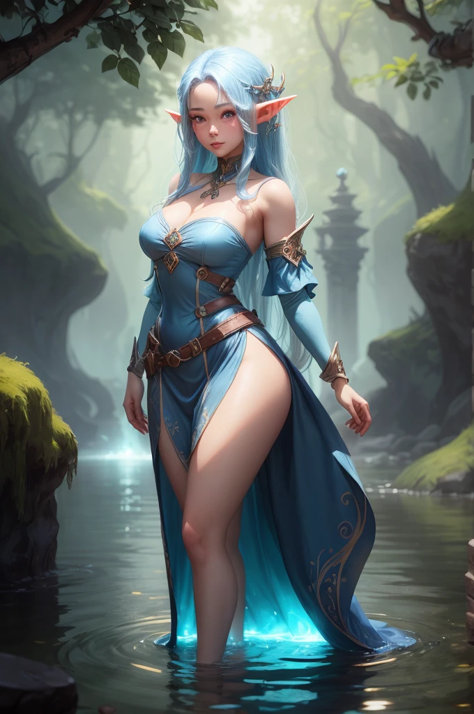 a woman with long hair and a blue dress is standing in the water, blue elf, fantasy art style, elf girl, glowing blue, elf with blue skin, digital 2d fantasy art, fanart best artstation, wlop rossdraws, rossdraws volumetric lighting, rossdraws digital painting, rossdraws 1. 0, :: rossdraws, blue-skinned elf