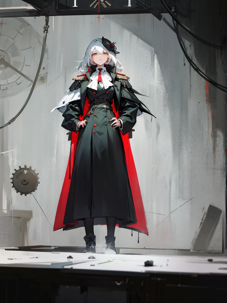 a millitary general with black and white hair, a red and green clockwork eyes.