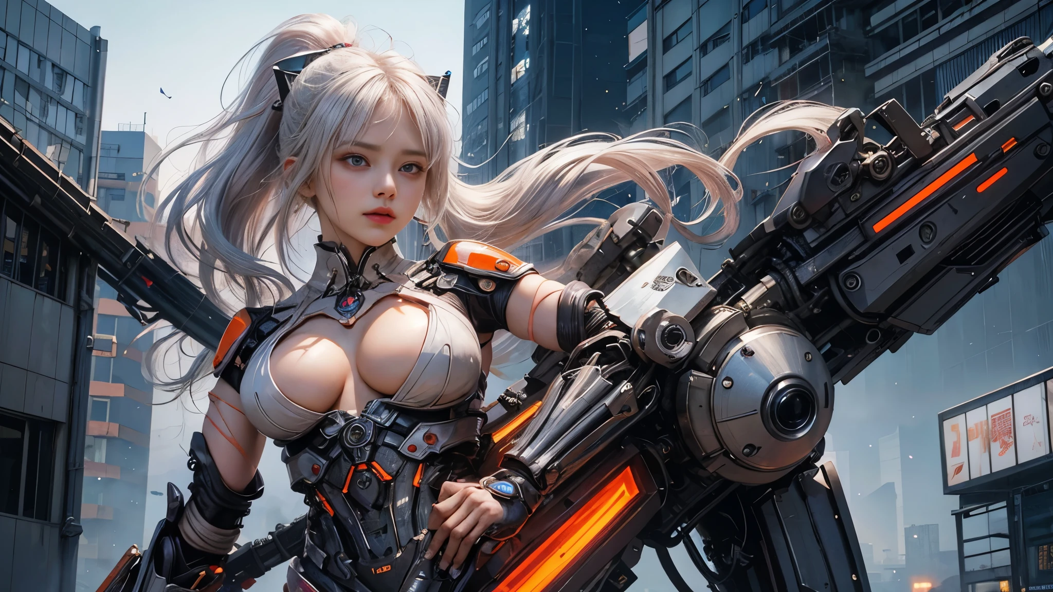 white hair、Silver hair with pink gradients、long fluttering hair、strong breeze、Orange Eyes、radiant eyes、Evangelion Girl、small tit、Breasts are small and B size、The face and chest are alive、Cleavage is visible。photoRealstic、portfolio、Evangelion-style metal mecha suit、an oppai cyberpunk、Gothloli detailetalic、detailed mechanical components、Bundle of thin tubeetal cylinder、Detailed neon、Fine LED、Top quality microcomponents、Delicate orange and black suit wrapped in machine、A large mechanical weapon protecting her in the background、Hair that flutters in the wind、full body