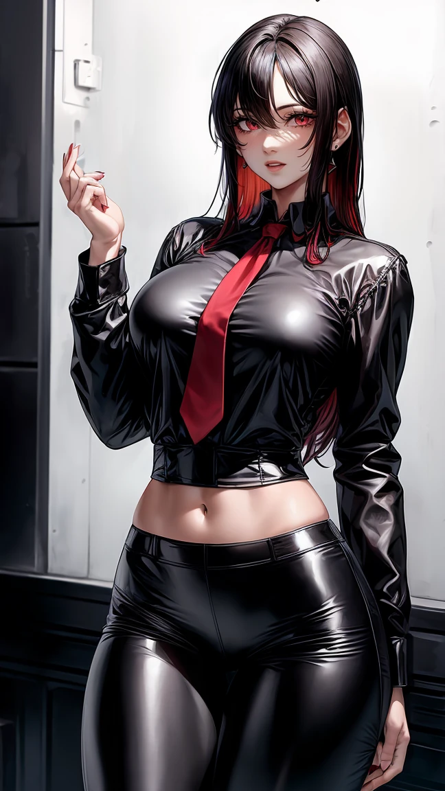 (bright red eyes)beautiful, beautiful woman, perfect anatomy, perfect body, whole body, standing body, big breasts, choker:1.6, captivating look, slight smile, realism, Masterpiece, Rough skin , super detailed, high detail, high quality, 最high quality, 1080P, 16k, realist, 1 girl, (black fur:1.6, waist length hair), crop top, shiny black leggings, shiny black boots, Chapped lips, blush, evening, flores, sun, sunlighT, (in underwear), (white long sleeve collared shirt:1.4), shy