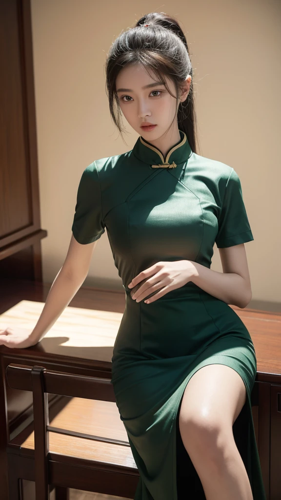 korean model , slim body , medium breasts, 167cm ，Movie Angle，long black ponytails hairstyle, （Cute girl,anatomy correct, Pastel Spring Green chinese qipao with short sleeves，（ art，geomerty），（plethora of colorest quality，high detail，tmasterpiece，Cinematic lighting effects，4K，Chiaroscuro ), chinese mansion 