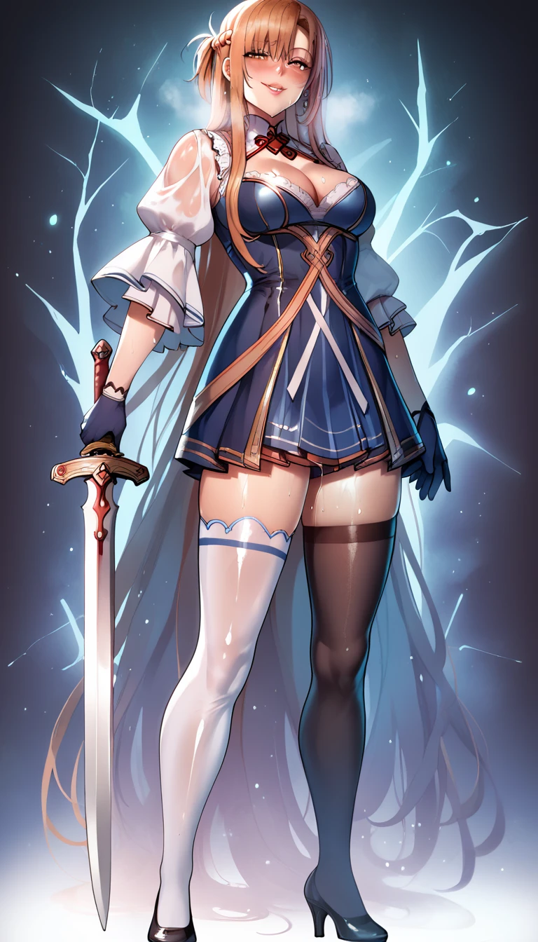 score_9, score_8_up, score_7_up, score_6_up, uncensored, Yuuki Asuna, absurdly long hair, orange eyes, orange hair, very long hair, horny face, blush face, lips, naughty face, shiny skin, sweating, wet, wet hair, steaming body, saliva, heavy breathing, large breasts, detailed body, detailed eyes, 1girl, weapon, sword, thighhighs, solo, full_body, standing, dress, holding_weapon, gloves, holding, short_dress, looking_at_viewer, earrings, cleavage, white_legwear, 