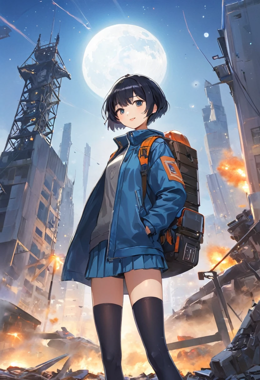 (Highest quality,masterpiece,final solution,album):(whole body、18 year old female fighter,thin、Very slim、Small face、cute、Black super short hair、Ahoge、Shiny patent leather clothing、黒のタイトでwhole bodyを保護する戦闘服,A kind smile、(Backpack:1.1)、tights、Knee-high boots、Knee Boots、Clothes that hide the thighs、Clothes that cover the buttocks)、(Time Machine、computer、Skyscraper Gun、Weapons of the Future、Real World、Plankton Rattle Field、Volumetric Fog、Grey Mist、cigarette、 explosion、Apocalyptic、Destroyed city background、Burning building:1.3、Starry Sky Skiing、Giant Moon、Earth、Destroyed giant robot、Radio tower、Planes flying overhead、Shooting Star Rocket Truck、Broken car、Derailed train、tank、Huge weapons、electronic equipment、Light Emitting Mechanism、Strong winds、cover、thunder、Light、Hello)