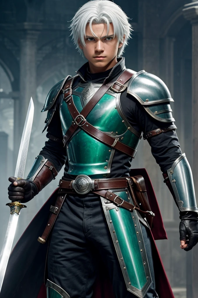 I want a character who is 15 years old who is a man who has white hair who has green eyes who has leather armor with iron-colored iron gloves and a white katana who has a blue gem