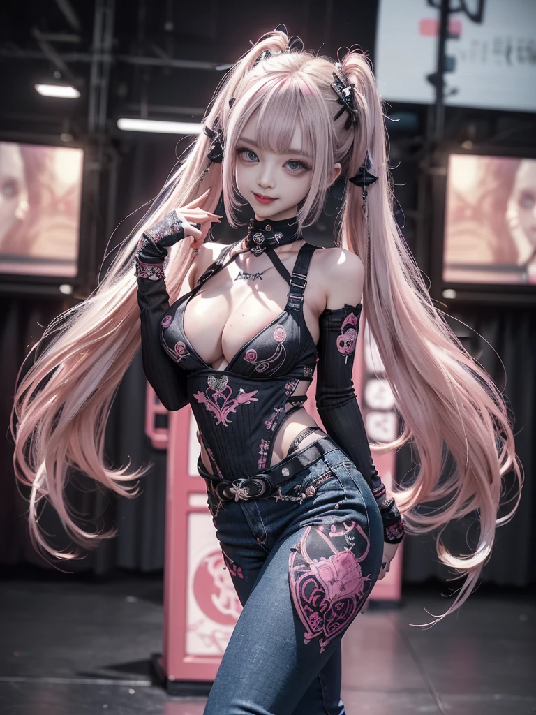 (Full Body View:1.2)、(lotus position:1.1)、(Smiling with teeth showing:1.3),(Shibuya Gal:1.5)、(Gothic ta style fashion:1.5)、(Punk RockVisual Kei:1.5)、(Wearing a rhythmic gymnastics bodysuit with intricate details:1.4)、(Racing suit and pants with intricate decorations in magenta, denim and wine red:1.5)、(Red, brown and white boots:1.3)、((belt))、(Numerous delicate logo marks all over the costume:1.4)、(collar:1.3)、(Striped underwear:1.5)、20-year-old、NSFW、((Highest quality、In 8K、masterpiece:1.3))、Sharp focus:1.2、(Layered Cut、Huge boobs:1.1),Beautiful woman with perfect figure:1.4、(Dancing vigorously:1.3)、Slender Abs:1.2、Highly detailed face and skin texture、Detailed eyes、double eyelid,(Twin tails:1.3)、(Pink and cream hair:1.3)、Gravure idol、(The background is the stage of the fashion show:1.3)、(Slim body:1.3),(Make your legs thinner:1.4),(clavicle:1.1)、(Thin and slim thighs:1.3)