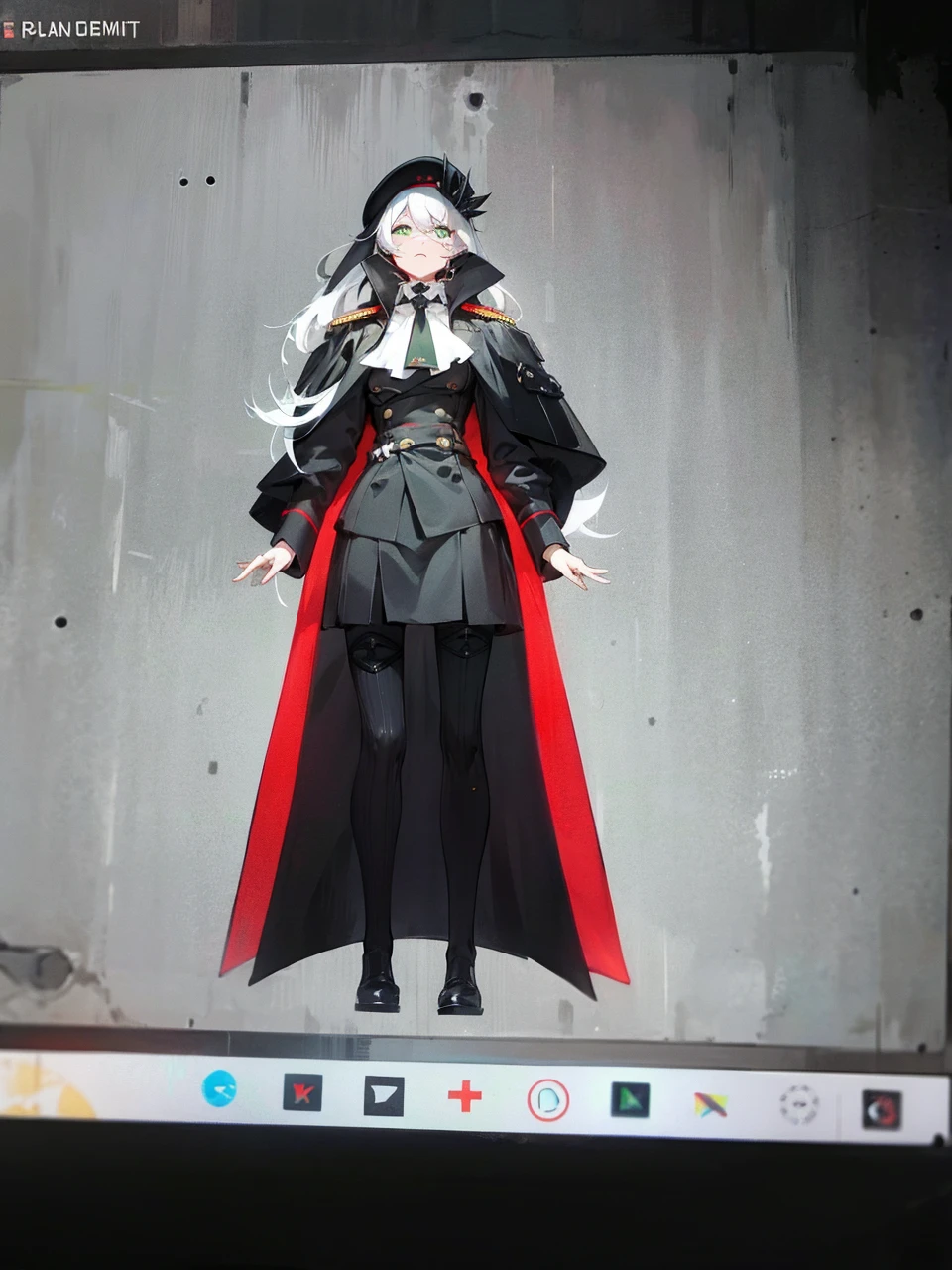 a millitary general with black and white hair, a red and green clockwork eyes.
