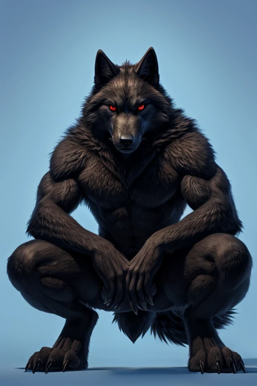 Perspective from below black wolf naked male furry legs apart looking down blue background squat pose red eyes serious look claws on knees fluffy tail scars