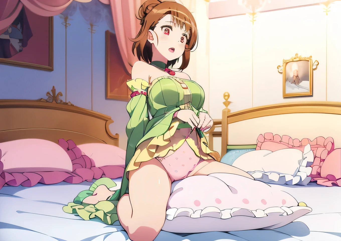 (best quality, masterpiece),mine , details), (Light and shadow oxtail , bed background, Cute girl posing on pillow ,Pillow,(piles of Pillow),Upholstered,((four poster bed)),Soft pillow quotation,Lots of Pillow,(Pillow),The love surrounding the protagonist,steam,Luxury Pillow),(luxury bed),(Gorgeous pattern pillow),luxurious pillow,(bedroom ),pillow humping,hump,open mouth,red eyes , kneeling,(Love around the protagonist),(Steaming hot),(pillow),Four poster bed,Canopy bed,Lots of pillow heads,princess bed , frilled pillow , long hair , frilled pillow , (pink polka dot pillow)