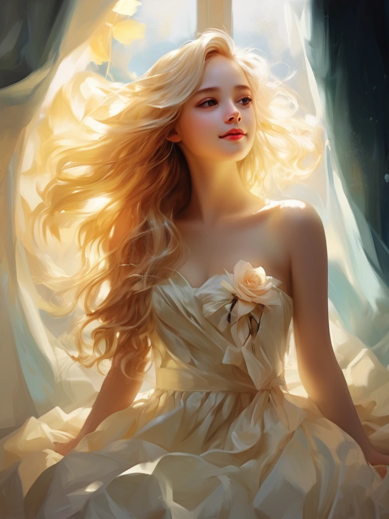 1 Girl, Blonde, Long Hair, alone, magic, Strapless White Dress、Hopeful Face、