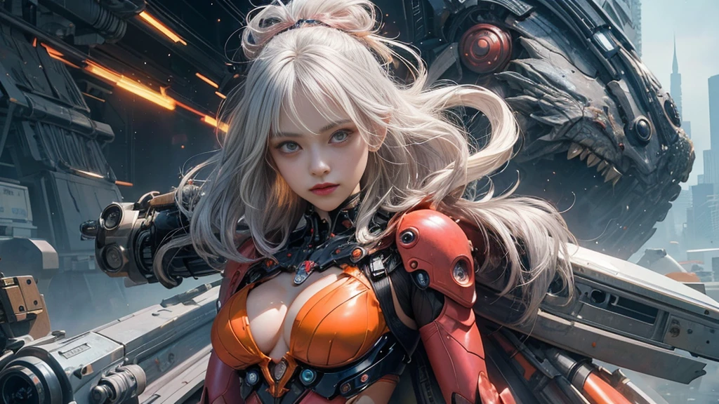 white  hair、Silver hair with pink gradients、long fluttering hair、strong breeze、Orange Eyes、radiant eyes、Evangelion Girl、small tit、Breasts are small and B size、The face and chest are alive、Cleavage is visible。photoRealstic、portfolio、Evangelion-style metal mecha suit、an oppai cyberpunk、Gothloli detailetalic、detailed mechanical components、Bundle of thin tubeetal cylinder、Detailed neon、Fine LED、Top quality microcomponents、Delicate orange and black suit wrapped in machine、A large mechanical weapon protecting her in the background、Hair that flutters in the wind、full body,big tits