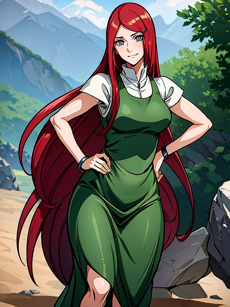 uzumaki_kushina, large_breasts, standing, solo, kushina_green_dress, masterpiece, best quality, detailed face, detailed eyes, highres, smile, (masterpiece:1.4, best quality:1.2), (Highres), (Detailed Illustration), Ultra-Detailed, konohagakure, uzumaki_kushina, kushina_green_dress, standing straight, looking in front,