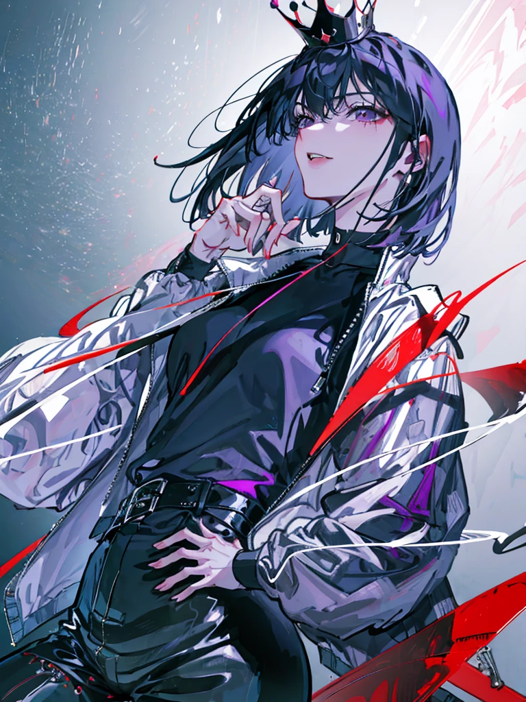 1girl, ************, high-school teenage girl, alluring short purple hair, bangs, majestic red eyes, (best quality,8k,highres,masterpiece), confident, evil smile, flat chest, cool, observant, arrogant, thoughtful, lazy, solo girl, small jacket collar, cool white jacket, black shirt inside jacket, high waist black loose pants, crown on top of head, Best Quality, High resolution, Extremely detailed, Detailed background, anatomically correct, Perfect Lighting, street, detailed face, detailed eyes, detailed lips, detailed nose, realistic, photorealistic, HDR, UHD, studio lighting, ultra-fine painting, sharp focus, physically-based rendering, extreme detail description, professional, vivid colors, intricate details