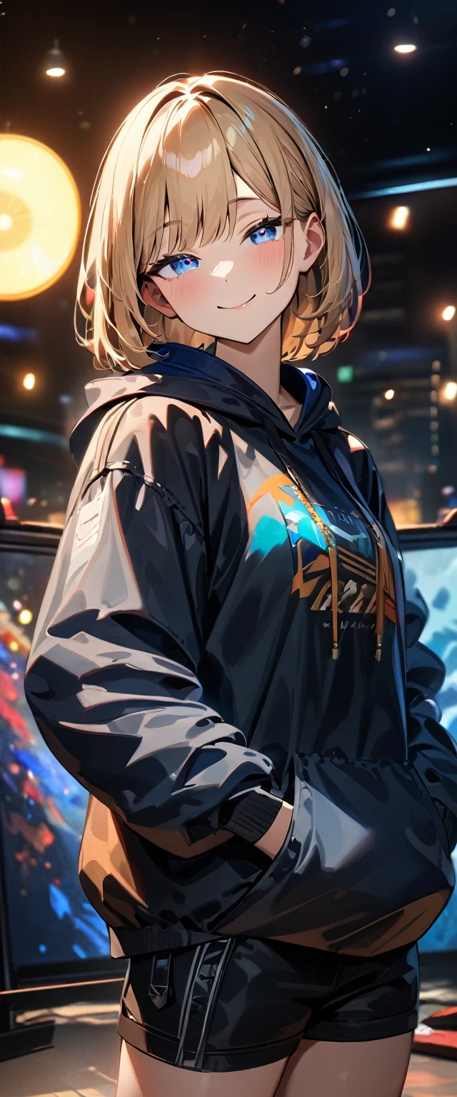 (((One girl))), Shibuya, blond hair, bob cut, (upper body), (looking at viewer), breasts, teenager, head tilt:1.3, (((blue eye))), ((half-closed eyes)), (from side), hand in pocket, ((happy smile)), black hoodie:1.3, black shorts:1.3, anime style, (best quality, 4k, 8k, highres, masterpiece:1.2, ultra-detailed, ultra-detailed eyes, HDR, UHD, studio lighting, ultra-fine painting, sharp focus, physically-based rendering, extreme detail description, professional, vivid colors, bokeh)
