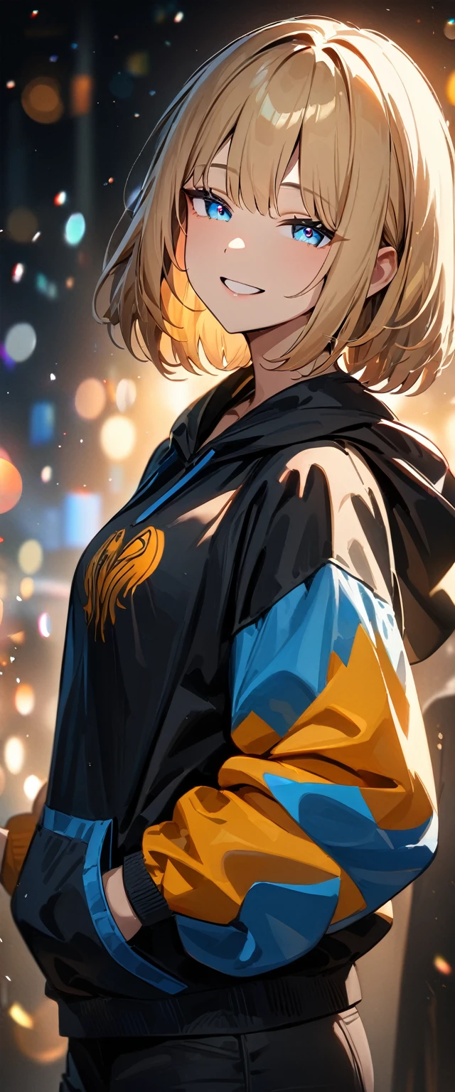 (((One girl))), Shibuya, blond hair, bob cut, (upper body), (looking at viewer), breasts, teenager, head tilt:1.3, (((blue eye))), ((half-closed eyes)), (from side), hand in pocket, ((happy smile)), black hoodie:1.3, black shorts:1.3, anime style, (best quality, 4k, 8k, highres, masterpiece:1.2, ultra-detailed, ultra-detailed eyes, HDR, UHD, studio lighting, ultra-fine painting, sharp focus, physically-based rendering, extreme detail description, professional, vivid colors, bokeh)