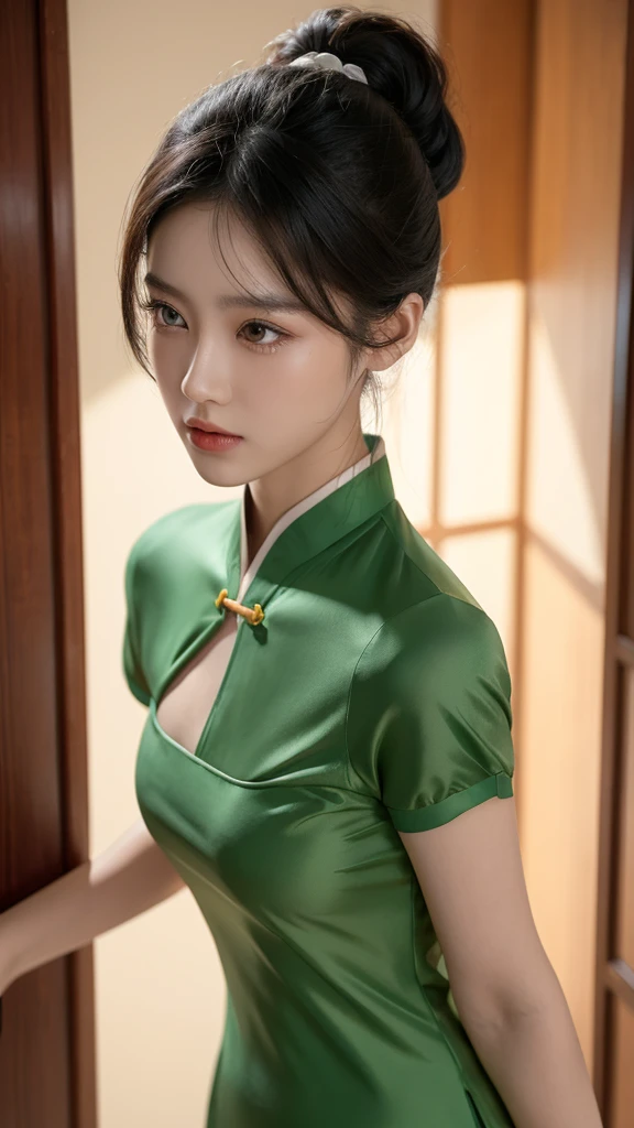 korean model , slim body , 167cm ，Movie Angle，long black ponytails hairstyle, （Cute girl, face of innocent ，anatomy correct, Pastel Spring Green silky chinese qipao with short sleeves，（ art，geomerty），（plethora of colorest quality，high detail，tmasterpiece，Cinematic lighting effects，4K，Chiaroscuro ), chinese home