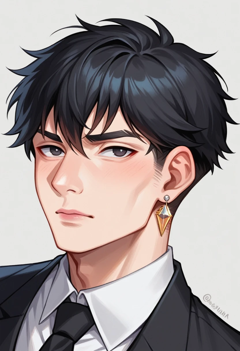1 gentleman only, /(Black Suit/), /(Bblack hair/) franja na lateral from head, Caucasian skin, pink lips,fine nose,(masterpiece best quality:1.2) ultra-detailed delicate illustration, wears diamond earrings in her left ear /(The background of the image is dark gray/) he has features of manga-style Asian origin