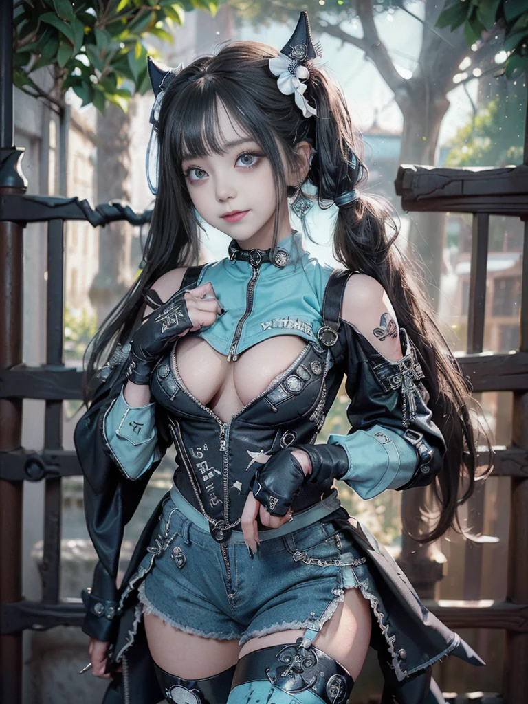 (Full body view:1.4)、(Full Body View:1.4)、(Side view:1.1)、(Smiling with teeth showing:1.3),(Shibuya Gal:1.5)、(Maid café clerk:1.5)、(Punk RockVisual Kei:1.4)、(Turquoise, navy and denim medieval noble zip up:1.5)、(Navy and white arm covers and bugle pants:1.5)、(Blue high heels:1.3)、(Wearing silver accessories:1.5)、(Dark brown collar:1.4)、(Leather garter belt:1.4)、(Brown Skin Belt:1.3)、(Black lace underwear:1.5)、20-year-old、NSFW、((Highest quality、In 8K、masterpiece:1.3))、Sharp focus:1.2、(Layered Cut、Huge boobs:1.1),Beautiful woman with perfect figure:1.4、(Doing an aerobics pose:1.3)、Slender Abs:1.2、Highly detailed face and skin texture、Detailed eyes、double eyelid,(Twin tails:1.3)、(Black brown hair:1.3)、Gravure idol、(A fairytale-like cafe with a lush tree background:1.3)、(Slim body:1.3),(Make your legs thinner:1.4),(Thin, thin thighs:1.3)、(clavicle:1.1)