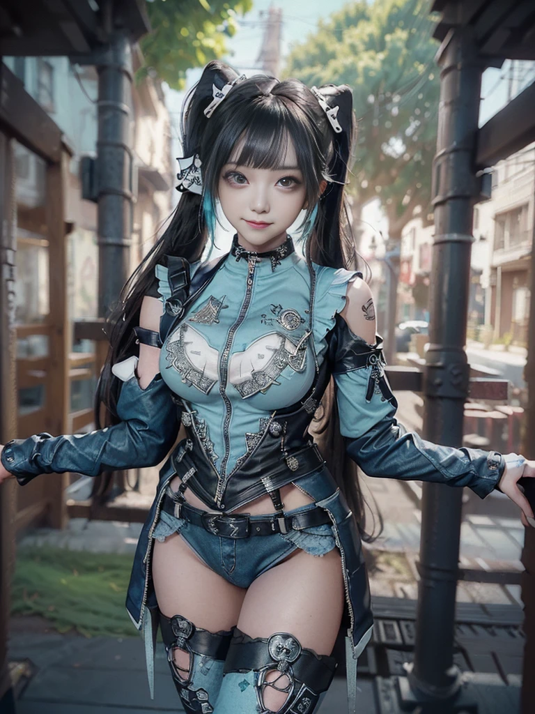 (Full body view:1.4)、(Full Body View:1.4)、(Side view:1.1)、(Smiling with teeth showing:1.3),(Shibuya Gal:1.5)、(Maid café clerk:1.5)、(Punk RockVisual Kei:1.4)、(Turquoise, navy and denim medieval noble zip up:1.5)、(Navy and white arm covers and bugle pants:1.5)、(Blue high heels:1.3)、(Wearing silver accessories:1.5)、(Dark brown collar:1.4)、(Leather garter belt:1.4)、(Brown Skin Belt:1.3)、(Black lace underwear:1.5)、20-year-old、NSFW、((Highest quality、In 8K、masterpiece:1.3))、Sharp focus:1.2、(Layered Cut、Huge boobs:1.1),Beautiful woman with perfect figure:1.4、(Doing an aerobics pose:1.3)、Slender Abs:1.2、Highly detailed face and skin texture、Detailed eyes、double eyelid,(Twin tails:1.3)、(Black brown hair:1.3)、Gravure idol、(A fairytale-like cafe with a lush tree background:1.3)、(Slim body:1.3),(Make your legs thinner:1.4),(Thin, thin thighs:1.3)、(clavicle:1.1)