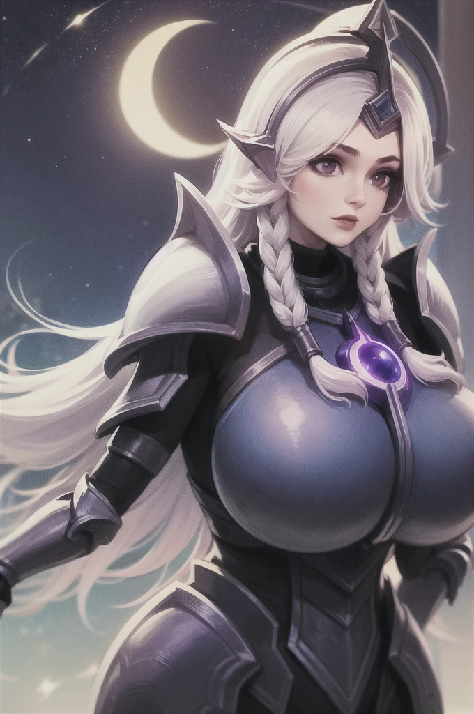 masterpiece, best quality, 1girl, leona, white hair, long hair, twin braids, purple eyes, armor, breastplate, (huge breasts:1.4),  solo, upper body, stars, moon, galaxy, space background  