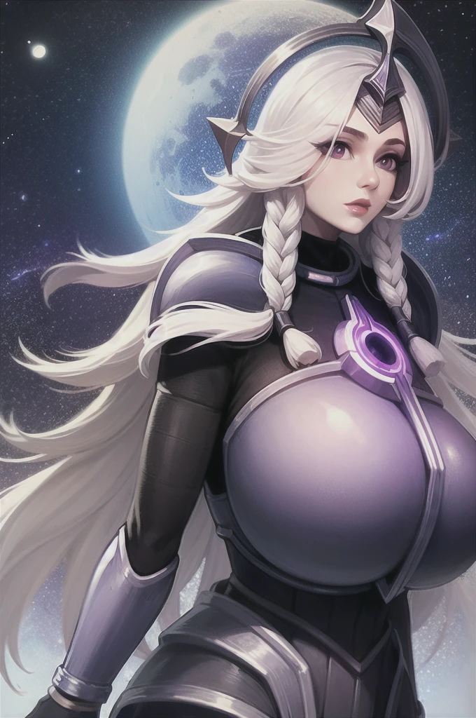 masterpiece, best quality, 1girl, leona, white hair, long hair, twin braids, purple eyes, armor, breastplate, (huge breasts:1.4),  solo, upper body, stars, moon, galaxy, space background  