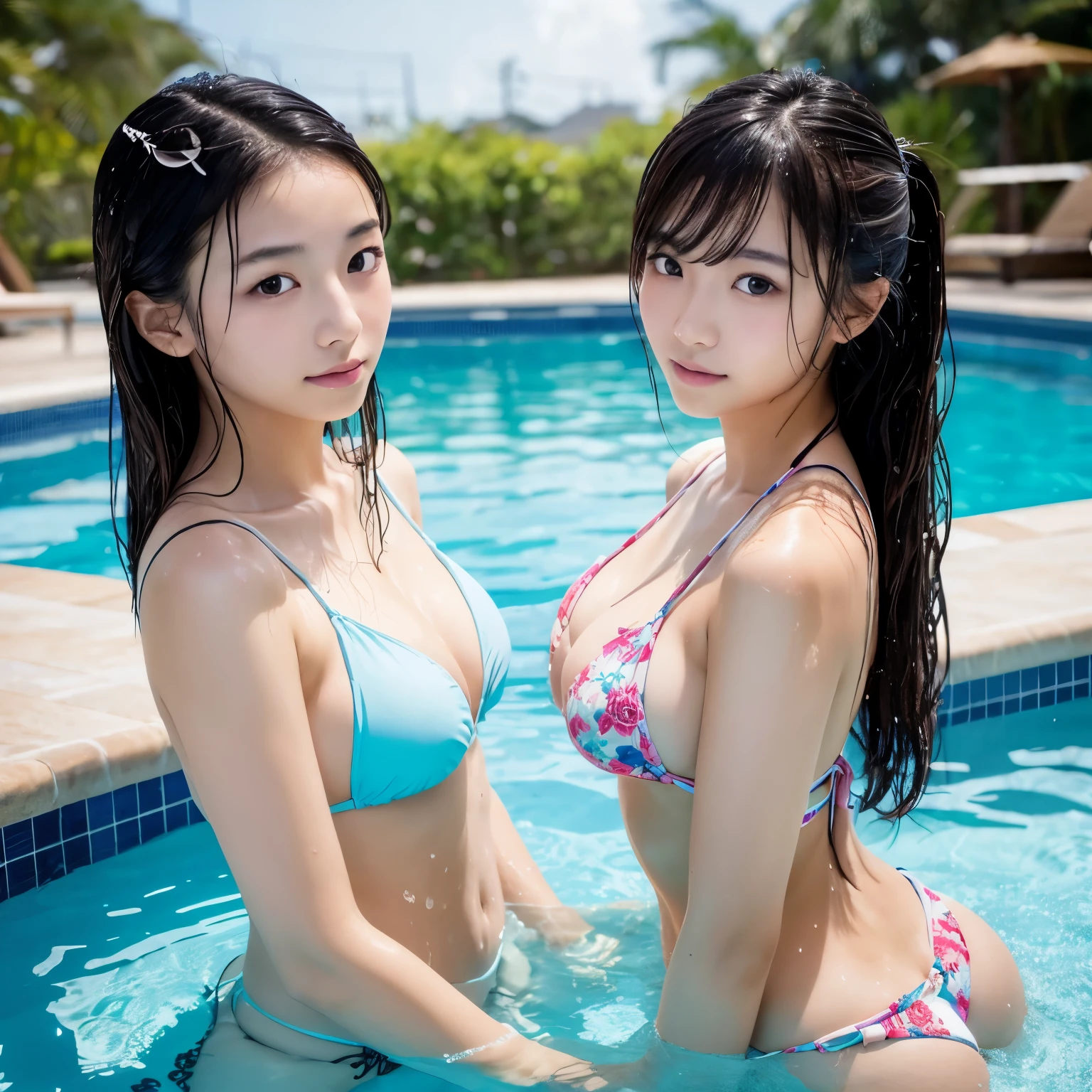 Young Japanese women with twins,Beautiful Face,Swimwear,Wet Hair,Poolside,Highest quality