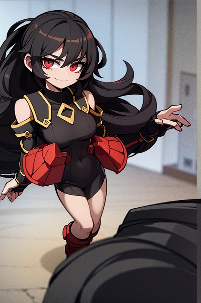 Black female character with long black curly hair,with heroic attire,but black with red details 