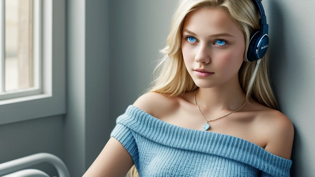 One Girl, Age 1５age, alone, Long Hair, huge , View your viewers, Blonde, Bare shoulders, Blue eyes, gem, whole body, necklace, Off the shoulder, sweater, Realistic, Sexy、headphone