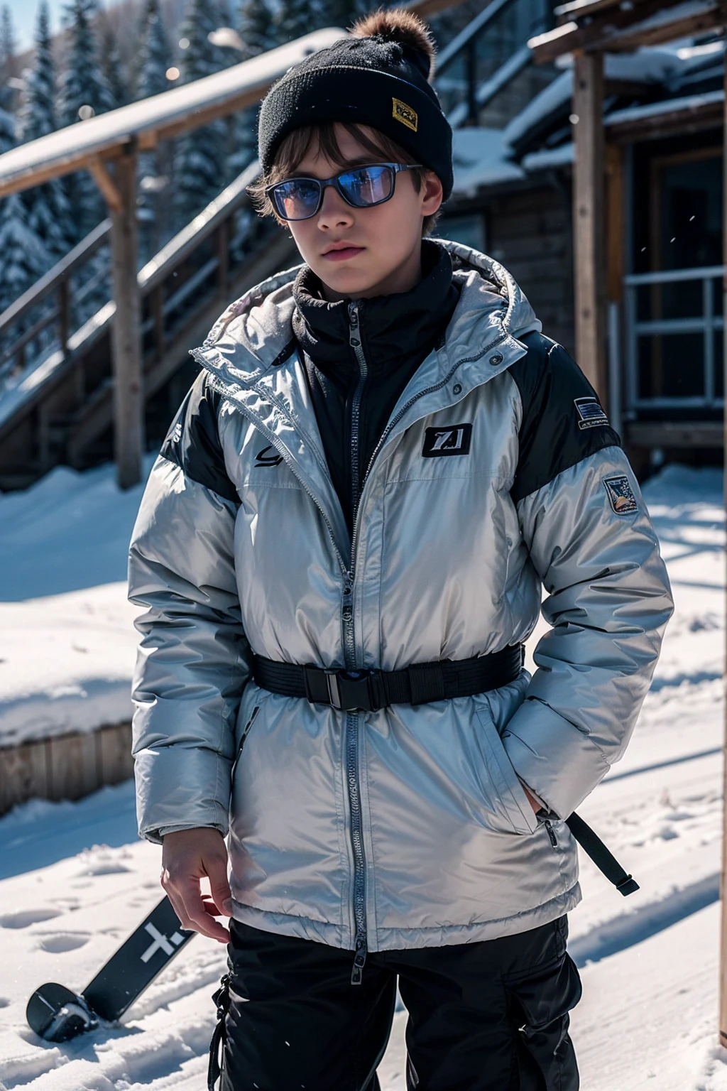 1boy wearing on a snowy ski piste, hyperrealism, highly detailed background, 8k uhd, dslr, soft lighting, high quality, film grain, Fujifilm XT3, HD, Sharp, OverallDetail, 3d, oc rendering, unreal engine, detailed face, detailed skin, detailed eyes, realistic,