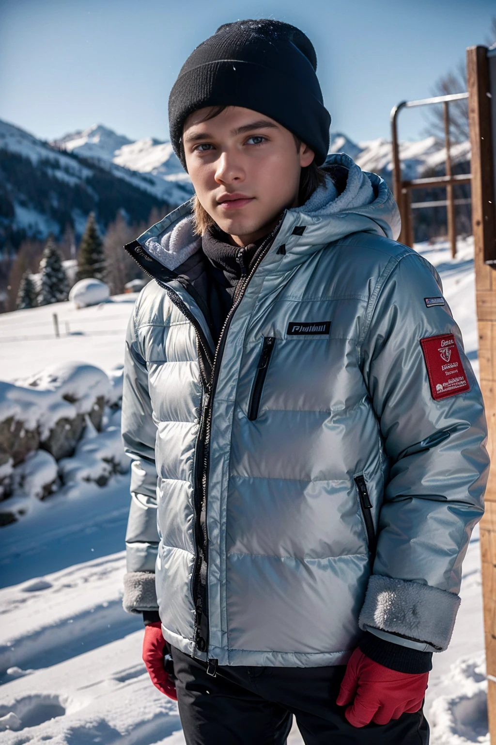 1boy wearing on a snowy ski piste, hyperrealism, highly detailed background, 8k uhd, dslr, soft lighting, high quality, film grain, Fujifilm XT3, HD, Sharp, OverallDetail, 3d, oc rendering, unreal engine, detailed face, detailed skin, detailed eyes, realistic,