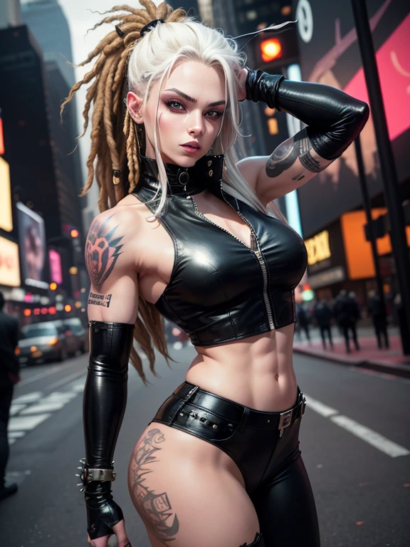 in NYC, Times Square, 25 year old woman in wolf style, from DC comics, with dreadlocks, intergalactic anti-heroine, known for her cruelty and sarcastic behavior.. He is depicted as an alien humanoid with pale white skin., long black dreadlocks, and super muscular physique in tight black leather pants.. His bright red eyes give his appearance a menacing cast... Often dressed in an open black leather vest., Tight pants, and heavy boots, he has a punk rock look. With tattoos and scars all over my body, emphasizing his seasoned character.,