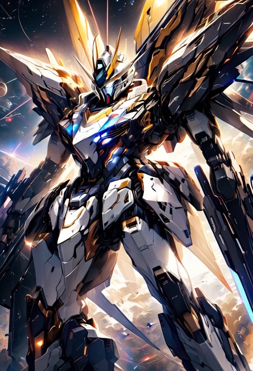 universe space、Facing the enemy、Two planes are fighting、Draw the whole body、Draw two planes、They are locked in a beam sabre duel.、8 heads、Gundam、Draw a side view、Draw at the same size、One is white-based and the other is black-based
