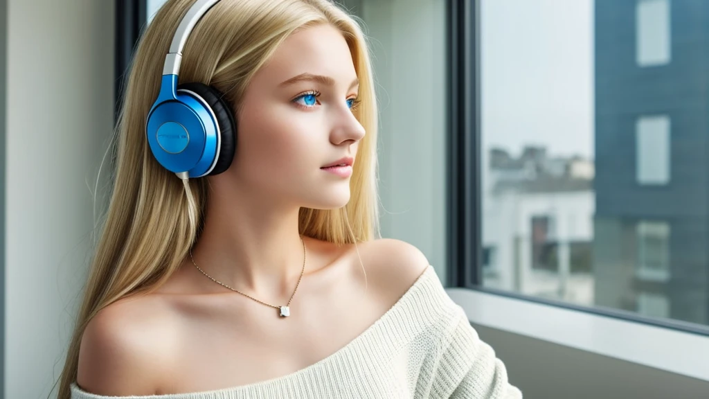 One Girl, Age 15age, alone, Long Hair, huge , View your viewers, Blonde, Bare shoulders, Blue eyes, gem, whole body, necklace, Off the shoulder, sweater, Realistic, Sexy、headphone
