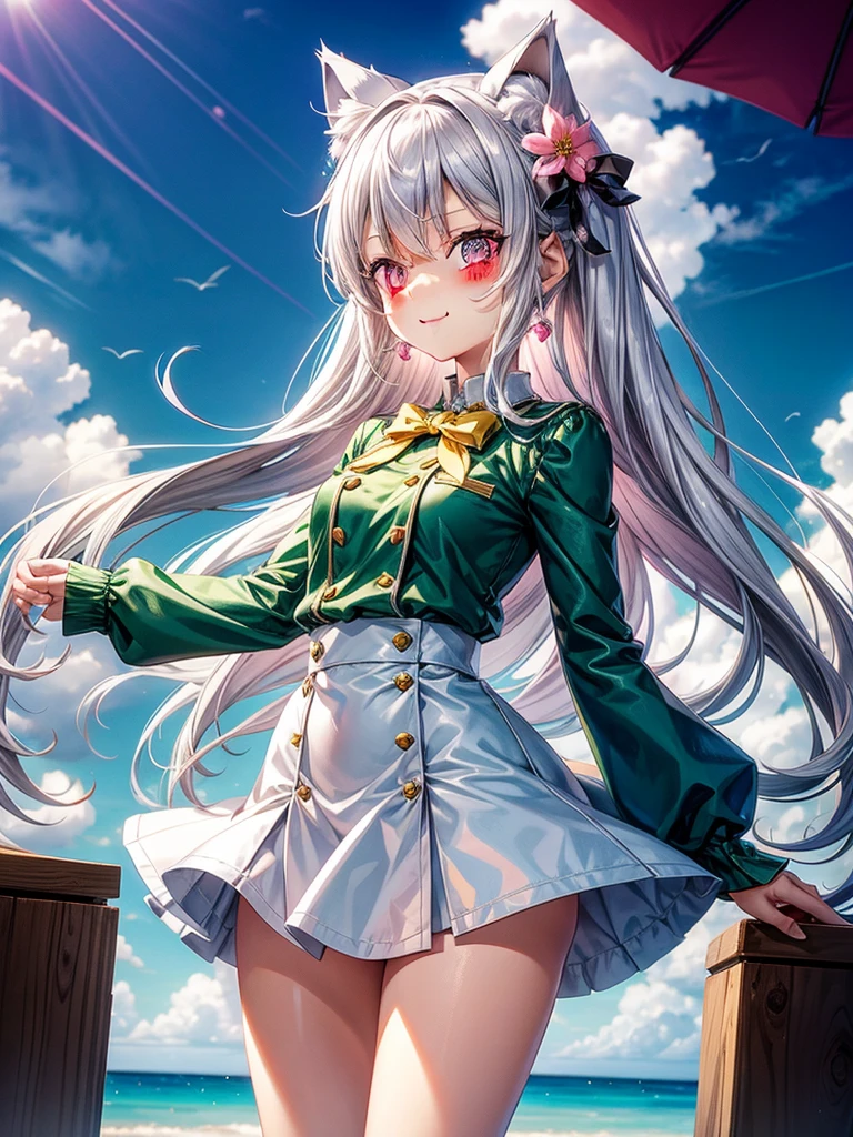 Silver hair, pink eyes, body, cat ears, kawaii girl, earrings, flower sky background, green gold uniform, hair bows, happy face, thigh up 