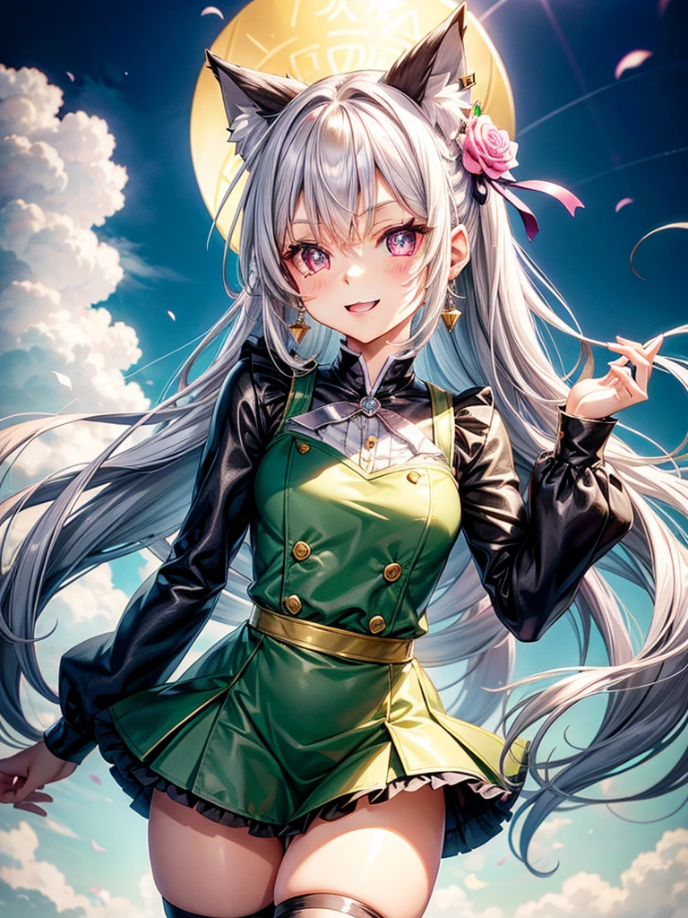 Silver hair, pink eyes, body, cat ears, kawaii girl, earrings, flower sky background, green gold uniform, hair bows, happy face, thigh up 