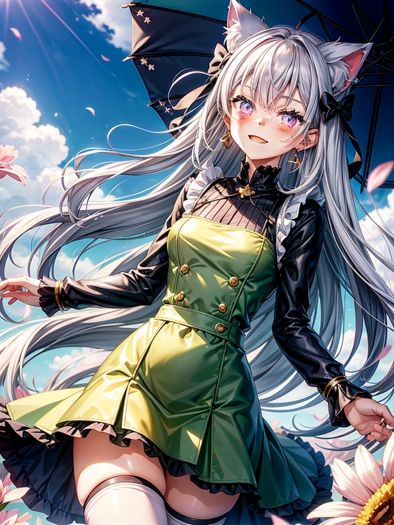 Silver hair, pink eyes, body, cat ears, kawaii girl, earrings, flower sky background, green gold uniform, hair bows, happy face, thigh up