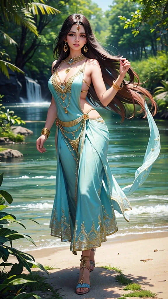a beautiful young indian women,24 year old,wearing fantasy dress,beautiful natural face,beautiful eyes,beautiful nose, beautiful natural skin,bracelet in the hand,earring,pendant,full body image,elegant pose,8k resolution,park background,realistic