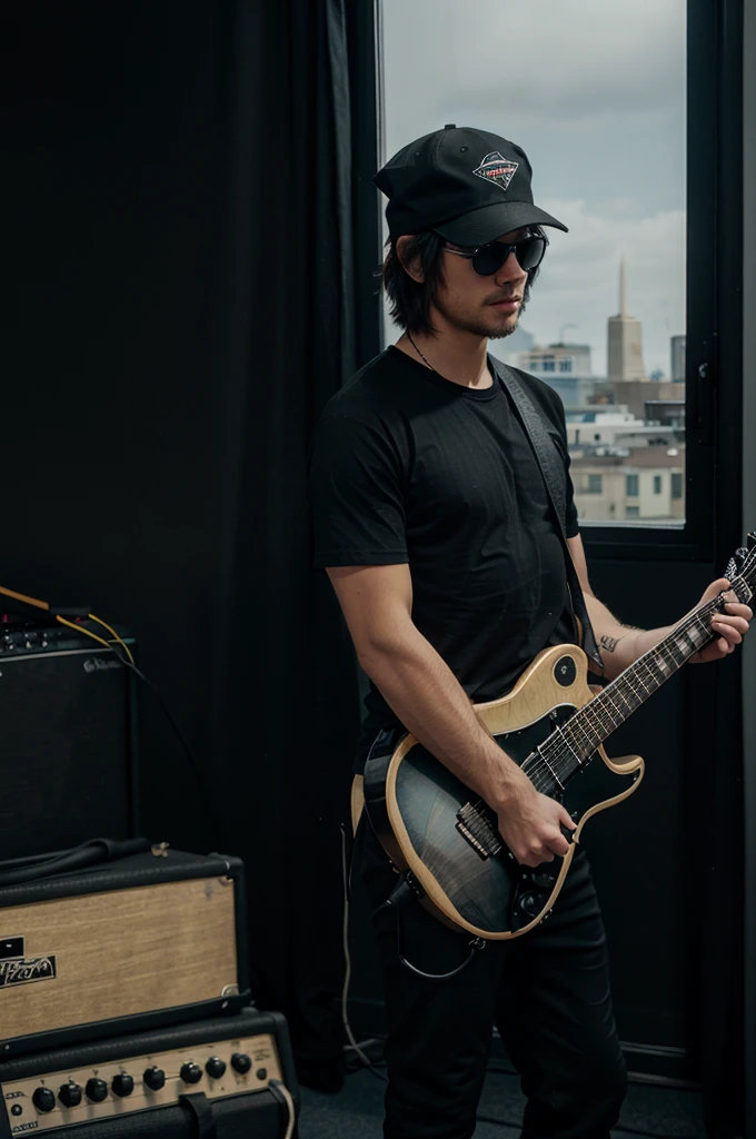 Male guitarist wearing all black, black t-shirt, black long pants, black sun glasses with a black cap and holding Black Stratocaster guitar, guitar pedalboard effect, in a studio room with a town view from the window, DC comic art style
